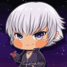 a chibi drawing of a person with purple eyes and white hair