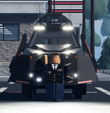 a man in a military uniform is standing in front of a vehicle that says u.s. army