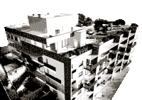 a black and white drawing of a building with balconies and trees in the background