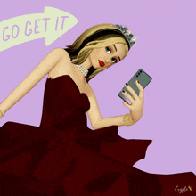 a woman in a red dress is taking a selfie with a sign that says go get it