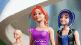 three barbie dolls are standing next to each other and one of them is saying " can 't wait "