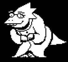 a black and white pixel art drawing of a monster with glasses on a black background .