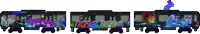 a cartoon drawing of a train with graffiti on the side