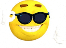 a smiley face wearing sunglasses and giving a peace sign .