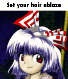 a cartoon of a girl with the words set your hair ablaze above her