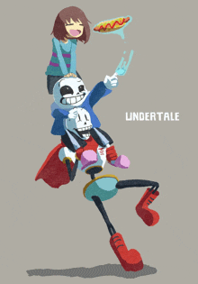 a girl is riding on the back of a skeleton and the word undertale is on the bottom right