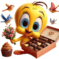 tweety holding a bouquet of roses and a box of chocolates