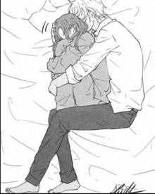 a black and white drawing of a man and a woman hugging on a bed .