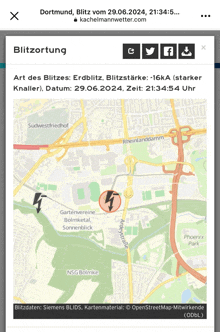 a map of dortmund shows the location of a thunderstorm