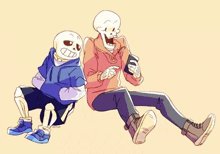 two skeletons are sitting next to each other on the ground .