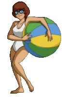 a cartoon character in a bathing suit holding a beach ball