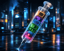 an illustration of a syringe with various icons inside