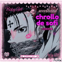 a picture of a girl with a chain around her neck and the words baby girl sweetheart chrollo de sofi