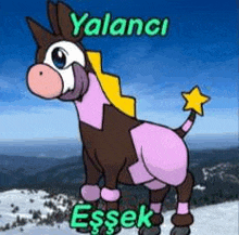 a cartoon donkey with a star on its tail is standing on top of a snow covered hill .