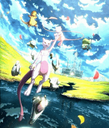 a cartoon drawing of mewtwo and other pokemon flying over a river