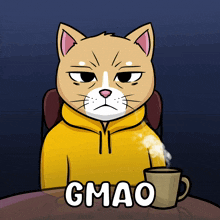 a cat wearing a yellow hoodie sits at a table with a cup of coffee and the word gmao above him