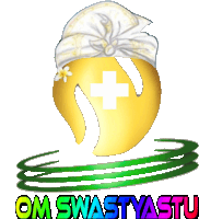 a logo for om swastyastu with a yellow sphere