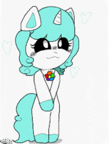 a drawing of a blue and white unicorn with a flower around her neck