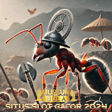 an advertisement for situs slot gacor shows an ant wearing a helmet and holding a sword and axe