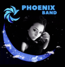 a woman stands in front of a blue crescent moon with the words phoenix band written above her