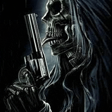 a skeleton is holding a gun in a dark room .