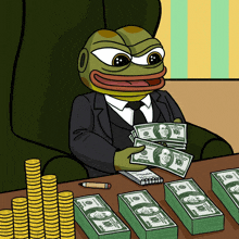 a cartoon of a frog sitting at a table with stacks of money