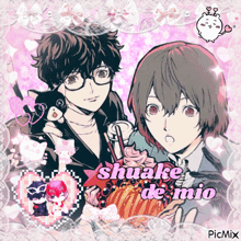 a picture of a boy and a girl with the words shuake de mio on it