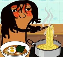 a cartoon of a person eating noodles with chopsticks next to a bowl of noodles