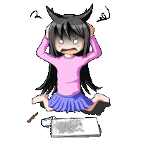 a girl in a pink shirt and purple skirt is kneeling down with her hands on her head