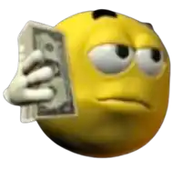 a yellow smiley face is holding a stack of money in front of its face .