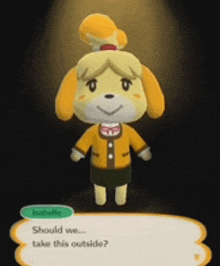 isabelle from animal crossing is standing in a dark room with a light shining on her