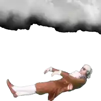 a man in a red and white suit is laying on the ground with a cloud behind him