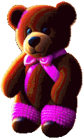 a brown teddy bear with a pink ribbon around his neck