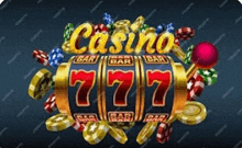 a slot machine with the number 777 on it is surrounded by poker chips and a ball .