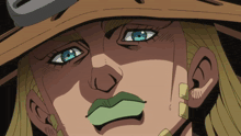 a close up of a person 's face with blue eyes and green lips