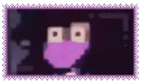 a pixel art of a person wearing glasses with a purple background and a purple frame .