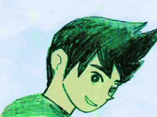 a drawing of a boy with green hair and a smile on his face
