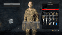 a man in a camouflage uniform is standing in front of a screen that says " hands "