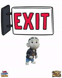 a cartoon character is standing in front of a sign that says exit