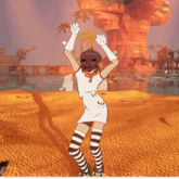 a girl in a white dress and black and white striped socks