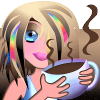 a cartoon of a girl holding a cup of hot coffee