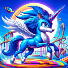 a blue unicorn with wings and a rainbow horn standing in front of a roller coaster