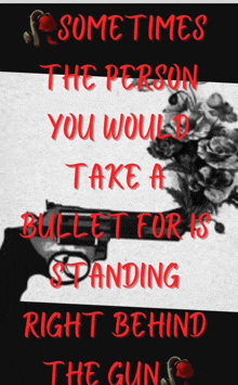 a poster that says ' sometimes the person you would take a bullet for standing right behind the gun '