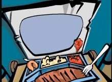 a cartoon drawing of a lunch box with meat and vegetables