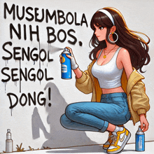 a girl kneeling down holding a spray can in front of a wall that says musumbola nih bos sengol sengol dong