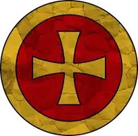 a red and yellow circle with a cross in it