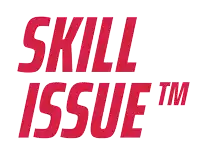 a red and white logo for skill issue tm on a white background