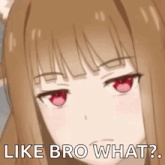 a girl with brown hair and red eyes is making a funny face .