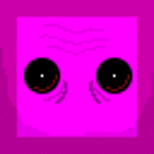 a purple square with two black eyes on a pink background .