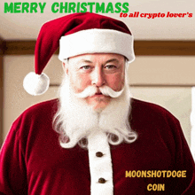 a picture of santa claus with the words merry christmas to all crypto lover 's moonshotdoge coin